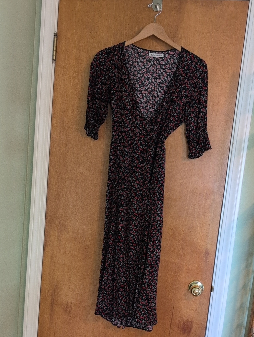 Reformation Black Midi Wrap Dress with Red Floral